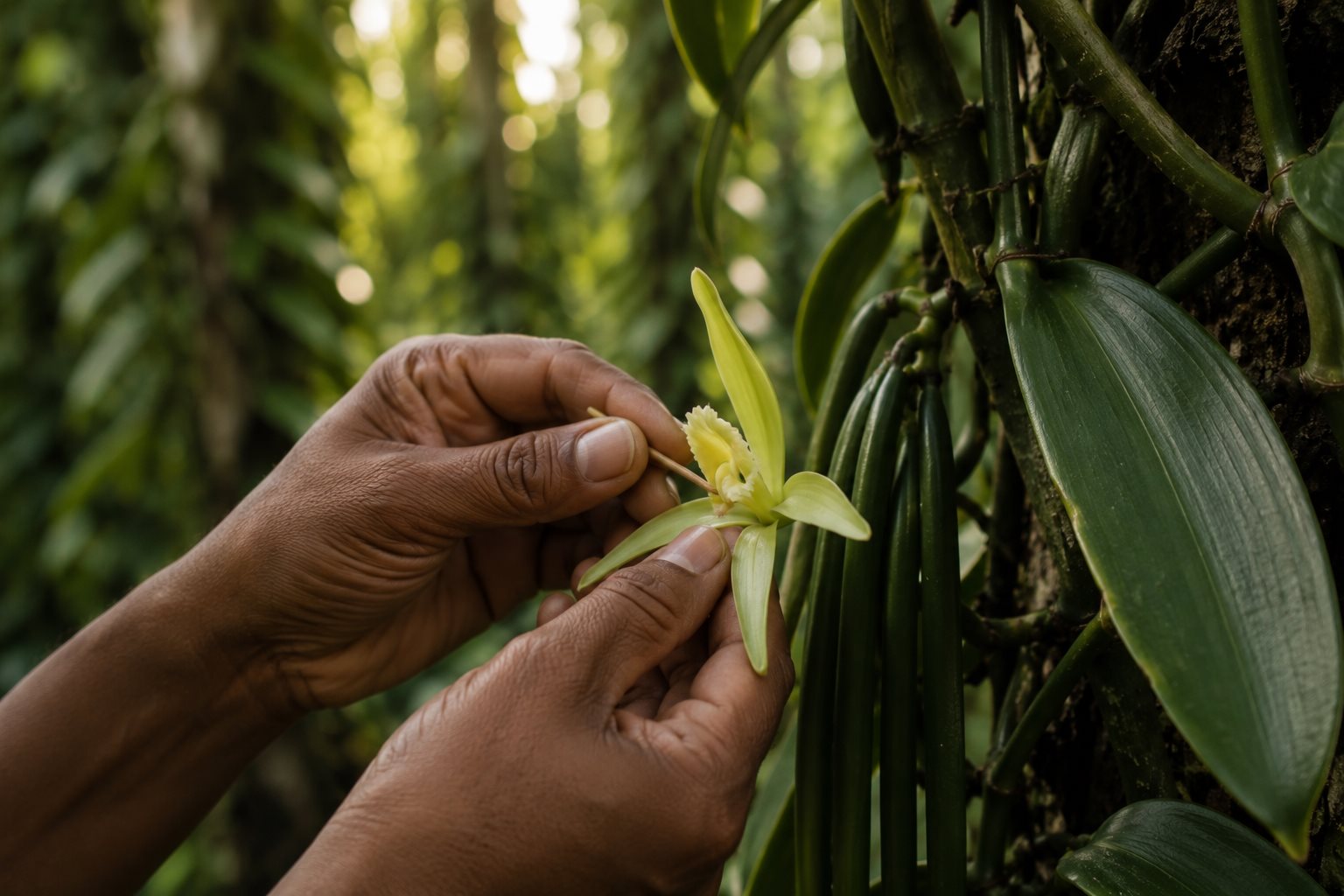 Hand pollination of the vanilla flower