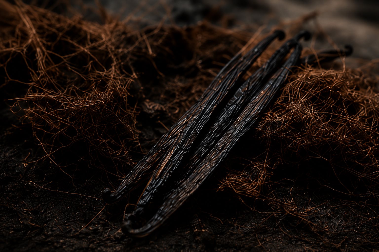 Cured vanilla pods on coconut fiber